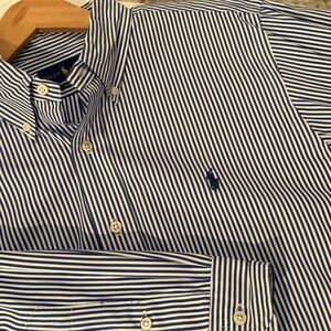 Ralph Lauren Blue and White Striped Button-Up Shirt | Custom Fit | Size L